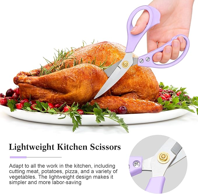 All Purpose Kitchen Scissors, Kitchen Shears Heavy Duty - Dishwasher Safe Food Scissors- Multipurpose Cooking Shears for Meat Poultry Food, Herbs, and Fish, Comfort Grip Handles, Purple