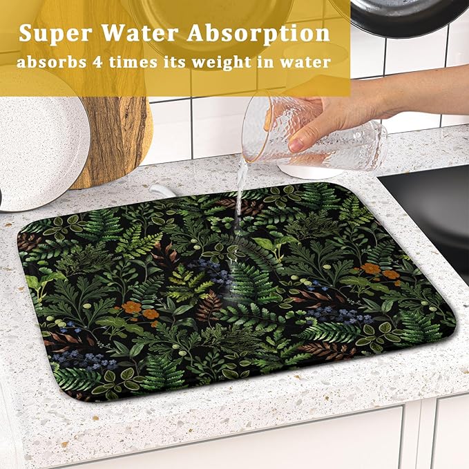 Black Sage Green Plant Dish Drying Mat for Kitchen Counter,Vintage Botanic Fern Leaves Floral Drying Mat 16 x 18 Inch with Absorbent Reversible Microfiber Drying Pad for Coffee Bar - Image 7