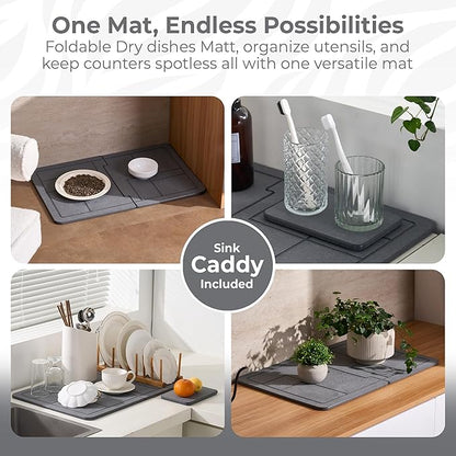 Large Stone Drying Mat for Kitchen Counter, Quick Dry Stone Dishes Mats, Stones Drying Mat for Kitchen Counter, Detachable Water Absorbing Diatomaceous Drying Mat (Dark Gray 24"×16" & 8"x4")