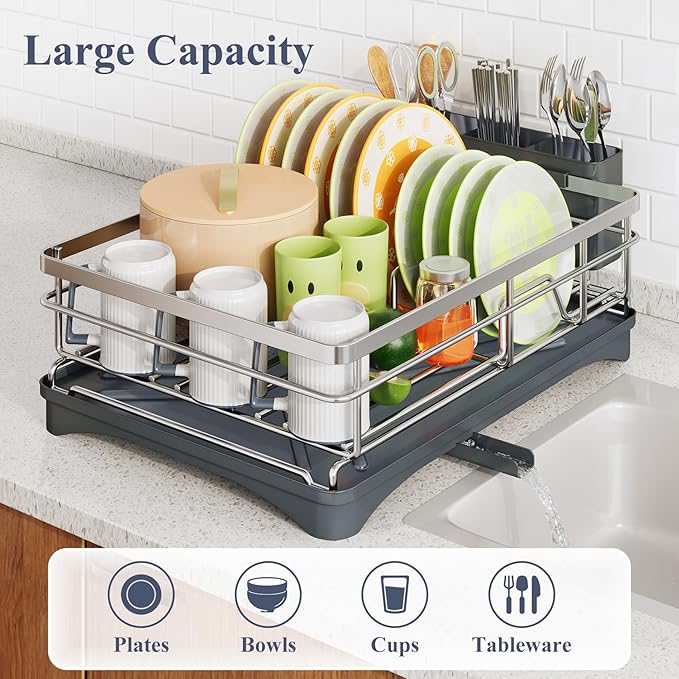 Dish Drying Rack - Stainless Steel Dish Rack for Kitchen Counter, Large-Capacity Dish Drainer with Cutlery Holder, Kitchen Organizer for Dishes, Spoons and Forks, Silver - Image 2