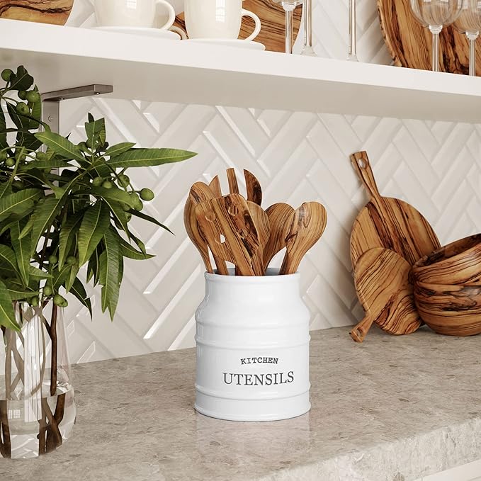 Barnyard Designs Ceramic Farmhouse Utensil Holder for Kitchen Counter, Large Rustic Utensil Crock, Countertop Cooking Tool Spatula Organizer, 6.75” (White) - Image 5
