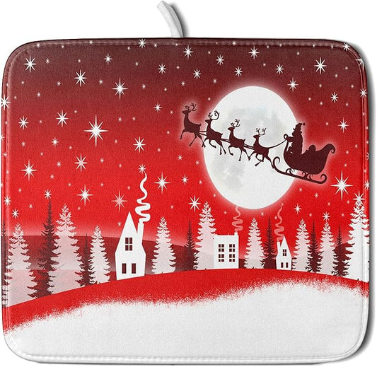 Christmas Reindeer Moon Star Red Dish Drying Mat for Kitchen Counter,White Xmas Tree Castle Drying Mat 16 x 18 Inch with Absorbent Reversible Microfiber Dish Drying Pad for Coffee Bar by Anyako