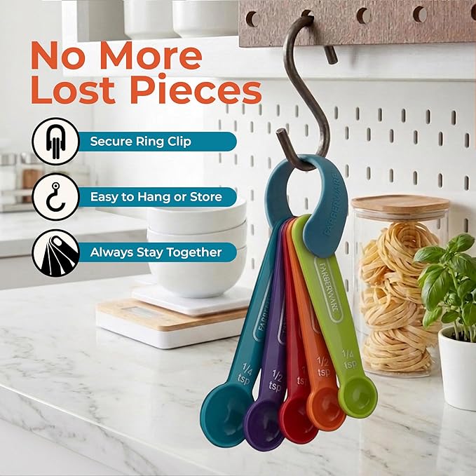 Farberware Kitchen Basics Measuring Cup & Spoon Set – 9-Piece Colorful Nesting Stackable Cups & Spoons with Ring Organizer, Easy-Read Markings for Cooking & Baking, Durable Plastic Kitchen Tools - Image 6