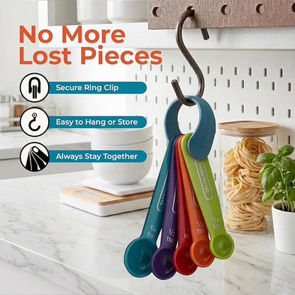 Farberware Kitchen Basics Measuring Cup & Spoon Set – 9-Piece Colorful Nesting Stackable Cups & Spoons with Ring Organizer, Easy-Read Markings for Cooking & Baking, Durable Plastic Kitchen Tools - Image 6