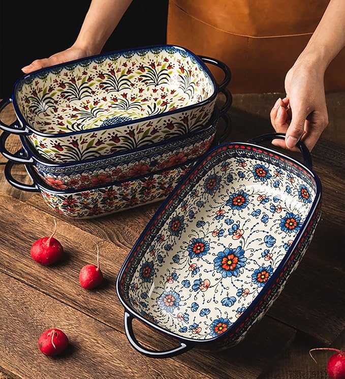 Vintage Style Tulip Flower Pattern Ceramic Bakeware Casserole Dish Baking Pan Lasagna Pans Baking Dish with Handles for Oven/Cooking/Kitchen-1 PCS-60 OZ - Image 5