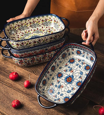 Vintage Style Tulip Flower Pattern Ceramic Bakeware Casserole Dish Baking Pan Lasagna Pans Baking Dish with Handles for Oven/Cooking/Kitchen-1 PCS-60 OZ - Image 5