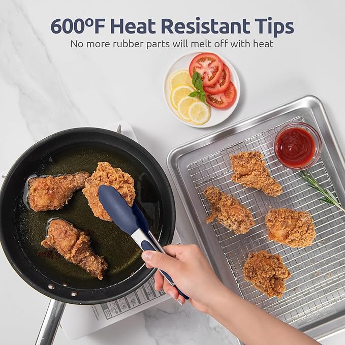 600ºF Heat Proof Kitchen Tong: U-Taste 7" Silicone Cooking Tong with Firm Sealed Non Stick Rubber Tips & Silicon Coated 18/8 Stainless Steel Handle & Smooth Locking for Serving Salad (Midnight Blue) - Image 3
