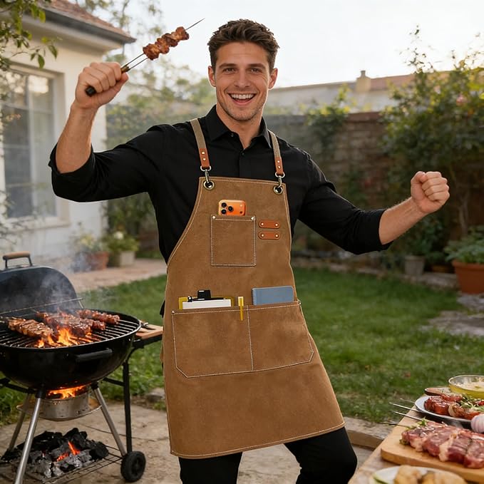 AFUN Chef Aprons for Men Women with Oversized Pockets, 16-Ounce Cotton Canvas Cross Back Heavy Duty Work Apron (Brown) - Image 6