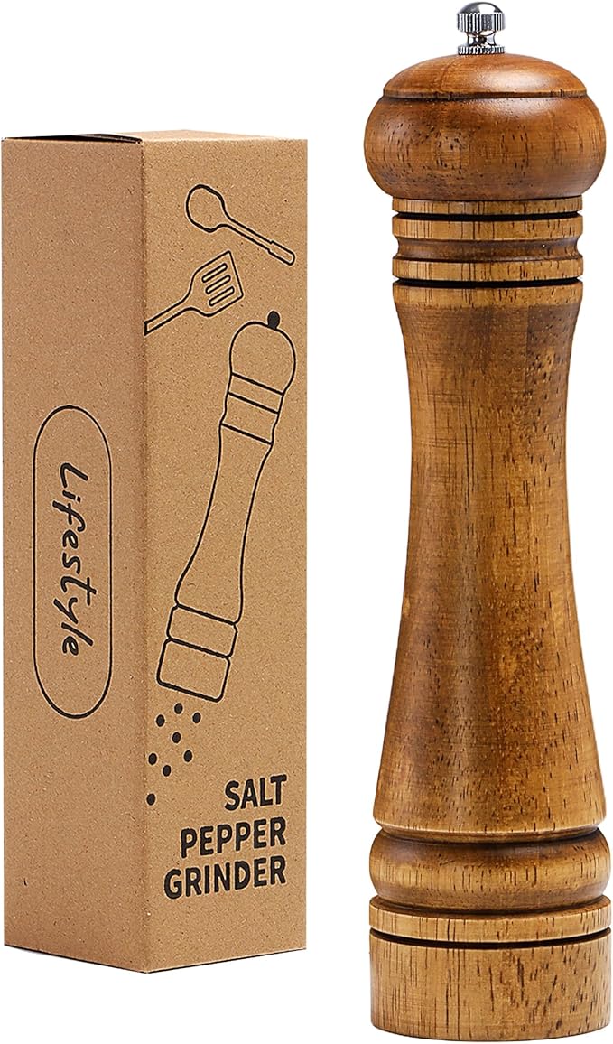 Wood Salt and Pepper Grinder, Salt Grinder and Pepper Mill, Oak Wood Shakers with Adjustable Ceramic Grinders - 10 inches, 1 Pack by MJINGMEI
