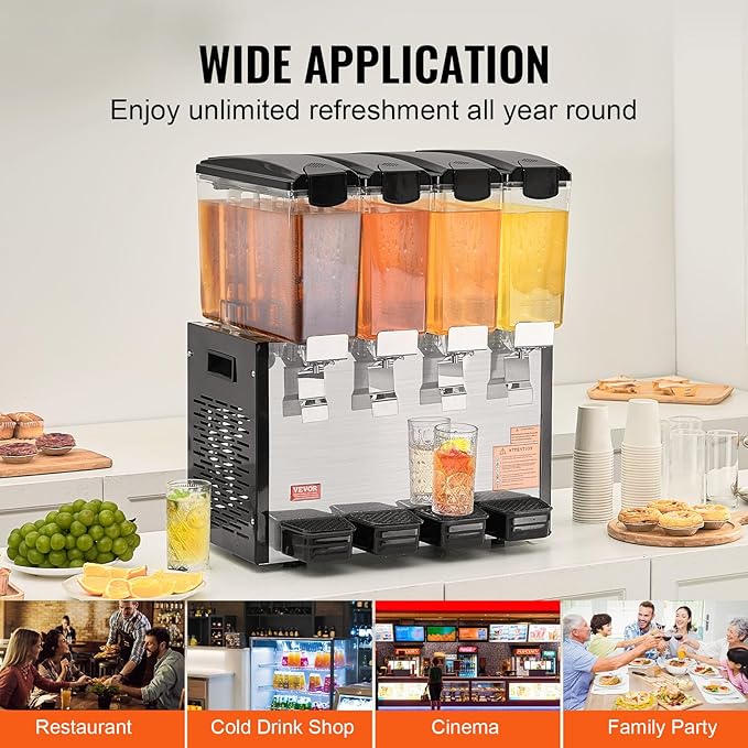 VEVOR Commercial Beverage Dispenser, 4 Tanks 10 L / 10.6 QT Per Tank Juice Dispenser, 430W Stainless Steel Ice Tea Drink Machine with 45°F-54°F Cooling Temperature, for Cold Drink Restaurant Bar Party - Image 6