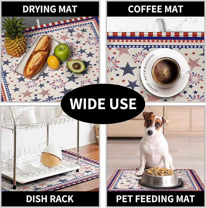 Happy 4th of July Patriotic Dish Drying Mat 18 x 24 Inch US Independence Day Vintage Star Kitchen Drying Mat Blue White Red Dish Drainer Mats Super Absorbent Dish Rack Pad for Coffee Bar Sinks - Image 7