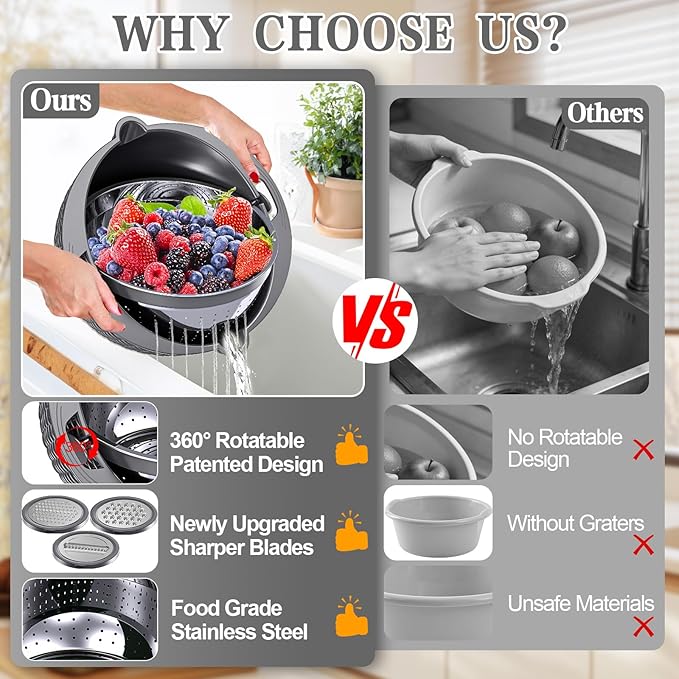 4-1 Colander with Lid Set - Rotatable Strainer With Bowl(Patented), Pasta Strainer with New Upgraded Graters, Strainer And Colanders, Fruit Cleaner, Veggie Wash, Apartment Kitchen Gadgets - Grey - Image 2