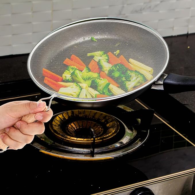 8.3Inch Grease Splatter Screen, Stainless Steel Splatter Screen for Frying Pan with Wood Handle Grease Splatters Guard Hot Oil Splash Protector Cover Oil Splash for Kitchen Cooking Supplies - Image 7