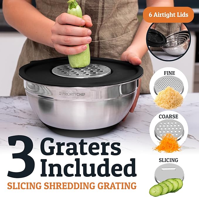 Priority Chef 6Pc Large Mixing Bowls With Lids Set with Non-Slip Bases, Stainless Steel Mixing Bowl Set, 6 Airtight Lids and 3 Graters, Black - Image 4