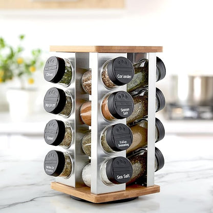 Kamenstein 16 Jar Warner Revolving Countertop Spice Rack Organizer with Lift & Pour Caps and Spices Included, FREE Spice Refills for 5 years, Stainless Steel & Bamboo with Black Caps - Image 3