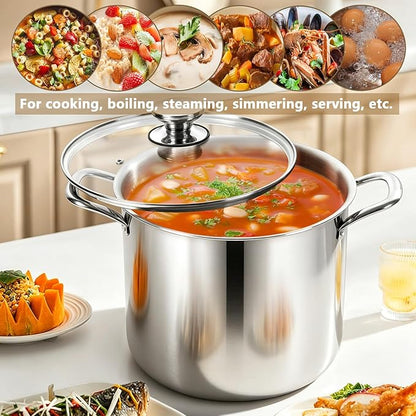 P&P CHEF 12 Quart Tri-Ply Stainless Steel Stockpot, Stock Pot with Visible Lid for Soup Pasta Vegetable, Induction Cooking Pot for All Stoves, Sturdy & Double Handle, Dishwasher Safe