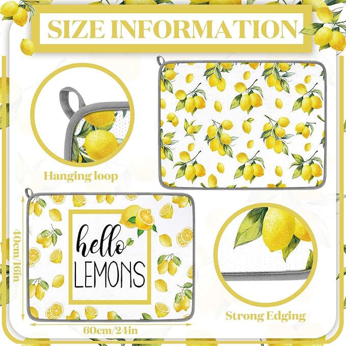 Zonon Dish Drying Mat for Kitchen Counter 16 x 24 Microfiber Absorbent Dish Drainer Rack Pads Fast Dry Mat Vintage Kitchen Decorations(Lemon) - Image 3