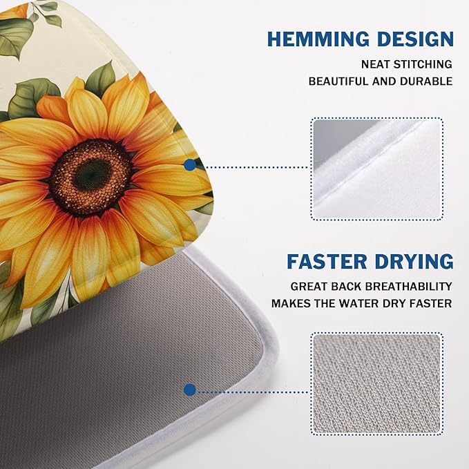Spring Summer Dish Drying Mat 18x24 Inch Absorbent Reversible Sunflower Drying Mat Sunflower Bee Dish Drying Rack Mat Yellow Summer Themed Dish Drainer Mat for Kitchen Counter Coffee Bar