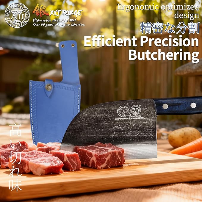 XYJ Antique Forged Butcher Knives, Serbian-Style Chef's Knife with Sheath, Heavy-Duty Meat Cleaver for Kitchen & Outdoor Use, Full Tang Construction