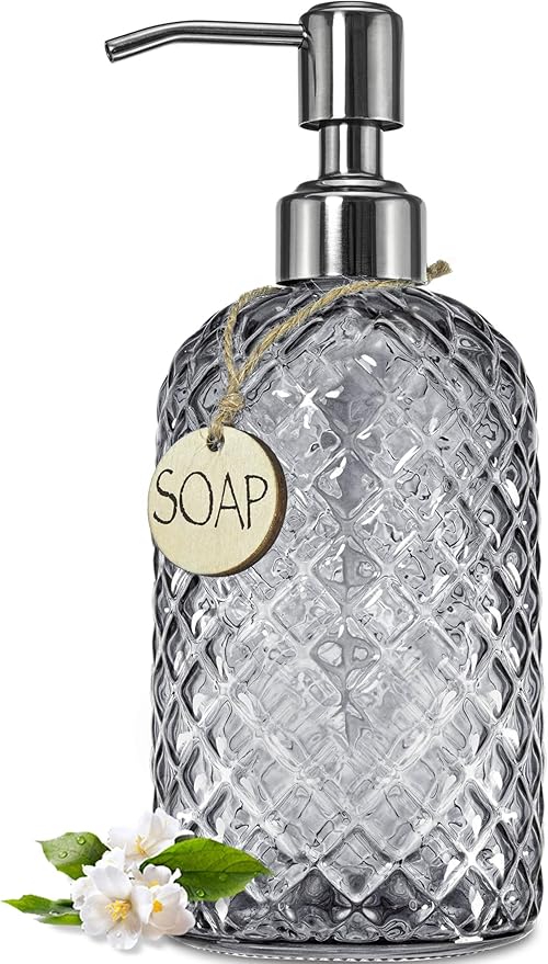 JASAI 18Oz Gray Glass Soap Dispenser with Rust Proof Pump, Refillable Kitchen soap Dispenser for Dish Soap, Bathroom Soap Dispenser for Dispense Hand soap, Lotion. by JASAIHOME