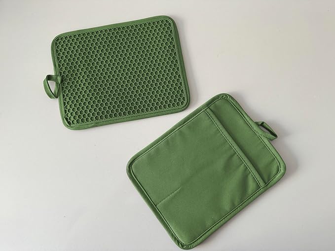 Oven Pot Holder with Pocket Cotton Heat Resistant Coaster Potholder Kitchen Hot Pad Oven Mitts for Cooking and Baking Square 7"x9" (Green, Silicone) - Image 4
