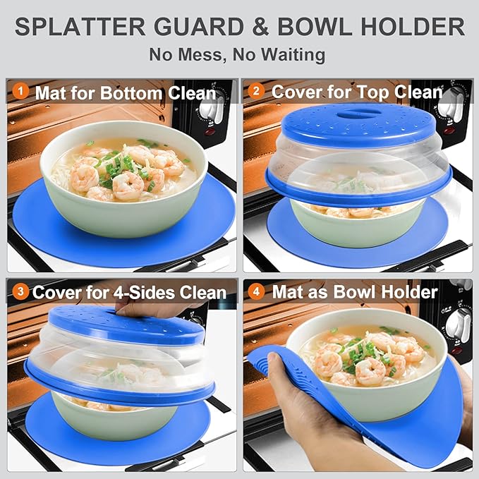 2 in 1, Aidacom Microwave Splatter Cover for Food & Silicone Microwave Mat, Mat as Bowl Holder, Trivet, Pot Holders, Drying, Baking, Utensils Rest for Kitchen Counter, Dishwasher Safe, Blue - Image 2