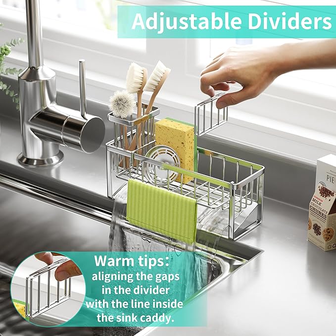 HapiRm Sponge Holder for Kitchen Sink - Self-draining Sink Caddy with Brush and Dishcloth Holders with Sloping Drainage - Silver - Image 4