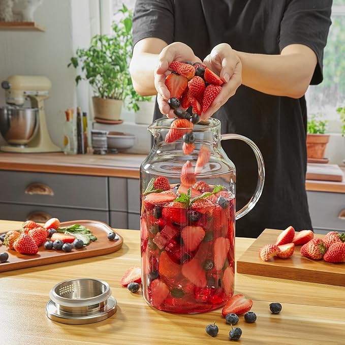 1 Gallon Glass Pitcher with Lid and Handle, Glass Water Carafe for Hot/Cold Water, Large Jug for Iced Tea, Coffee, Juice and Homemade Beverage
