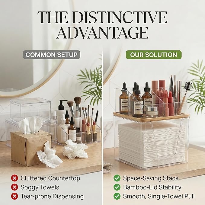 Disposable Facial Towels Holder with Bamboo Lid, 2 in 1 Facial Towels Storage Box and Cosmetics Organizer, Clear Acrylic Box Stackable Vanity Organizer Compatible with Clean Skin Club Towel XL