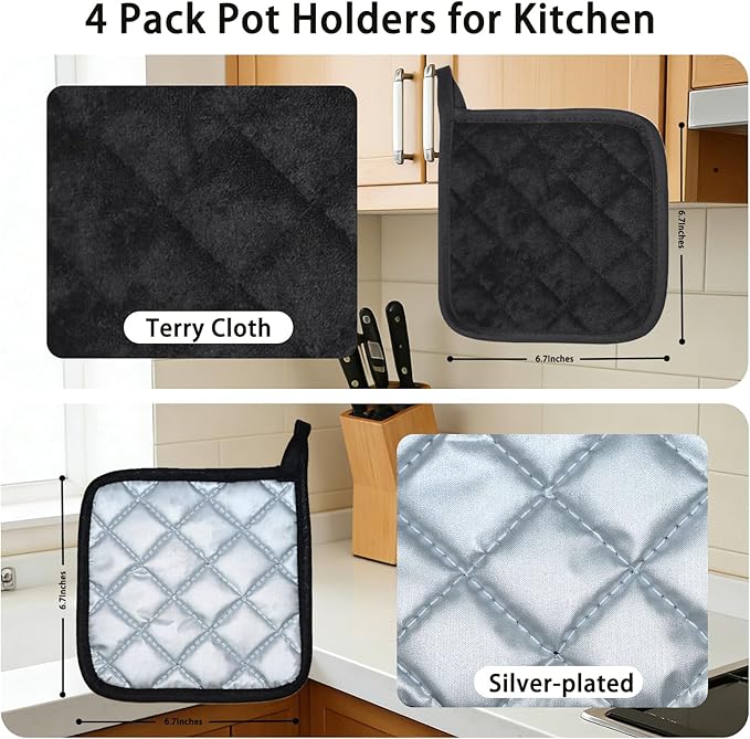 4 Pack Pot Holders for Kitchen Clearance Oven Potholders Sets for Kitchens Hot Pads for Kitchen Countertops Heat Resistant Black - Image 4