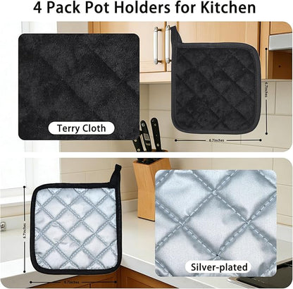 4 Pack Pot Holders for Kitchen Clearance Oven Potholders Sets for Kitchens Hot Pads for Kitchen Countertops Heat Resistant Black - Image 4