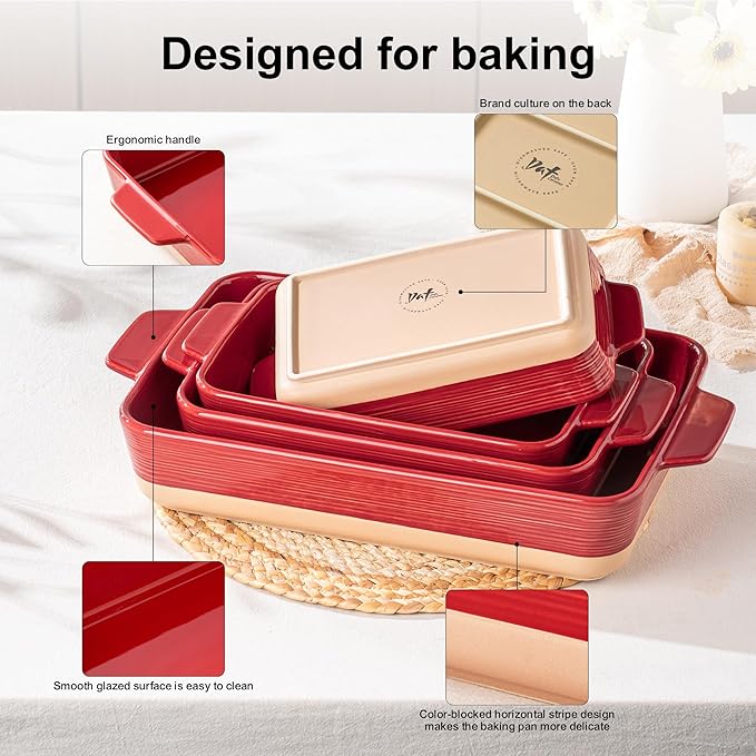 Dafuceramic Casserole Dishes for Oven, Baking Dishes, Ceramic Bakeware Sets of 4, Rectangular Baking Pan Set with Handles for Baking, Casserole, Kitchen, Wedding Gift (Red Yellow) - Image 6