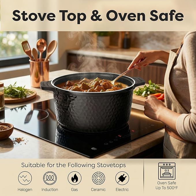 Gotham Steel Hammered 5 Qt Lightweight Dutch Oven Pot with Lid & Holders, Ceramic Non Toxic, Oven Safe & Even Heat Retaining Dutch Oven for Bread Baking Sourdough, Soup, 70% Lighter than Cast Iron - Image 7