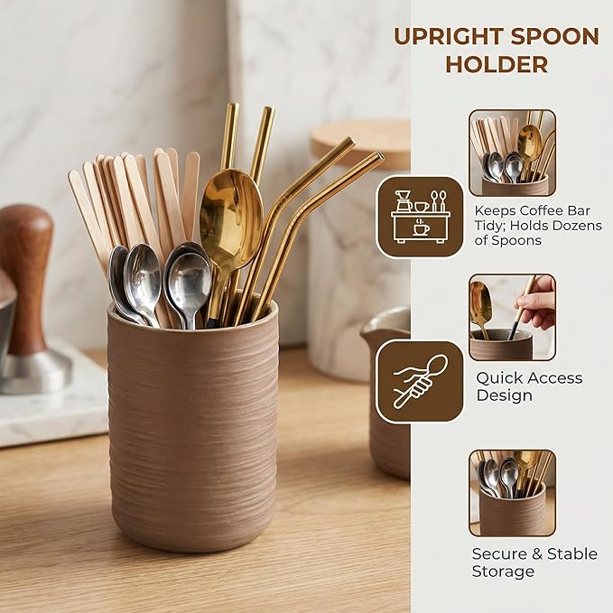 Ceramic Spoon Holder for Coffee Bar, Upright Tea Spoon Holder Cup, Coffee Stirrers Straws Stir Stick Holder, Coarse Pottery Silk Stripe - Image 2