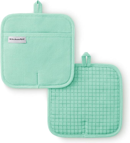 KITCHENAID Gourmet Series Gridlines Pot Holders 2-Pack Set, Heat Resistant up to 600°F, Soft Silicone Grip, Magnetic Cuff, Color of The Year, Spearmint, 8"x8" by KitchenAid