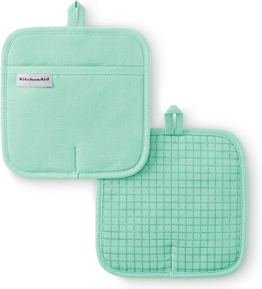 KITCHENAID Gourmet Series Gridlines Pot Holders 2-Pack Set, Heat Resistant up to 600°F, Soft Silicone Grip, Magnetic Cuff, Color of The Year, Spearmint, 8"x8" by KitchenAid