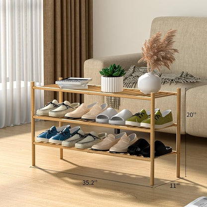 ROMGUAR CRAFT 3-Tier Bamboo Long Shoe Rack, Free Standing Wood Shoe Shelf Storage Organizer for Closet Entryway Stackable 35"x11"x20" (Natural) - Image 3