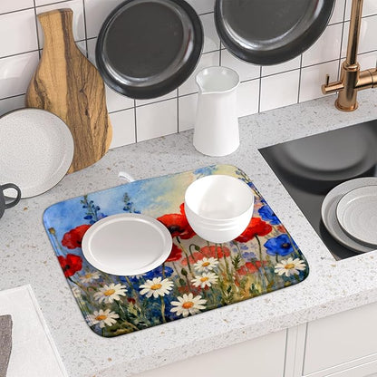 4th of July Dish Drying Mat for Kitchen Counter 16x18 Patriotic Floral Independence Day Memorial Holiday Absorbent Reversible Microfiber Drying Mats Kitchen Countertop Protector Dishes Drainer Pad - Image 2