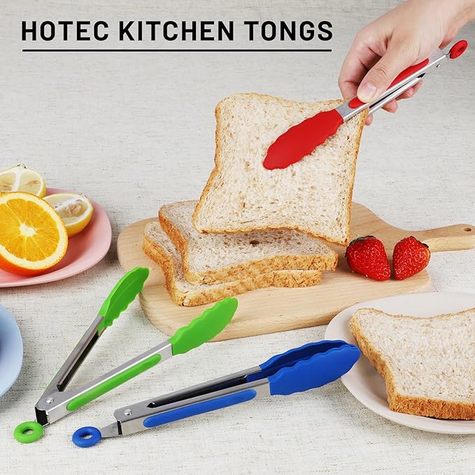 Hotec Mini Silicone Kitchen Tongs for Cooking - 7-Inch Small Serving Tongs with Silicone Tips, Set of 3 (Red,Blue,Green) - Image 5