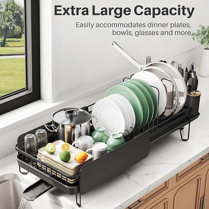 SNTD Large Dish Drying Rack - Expandable (19.3" to 29.4") Dish Rack for Kitchen Counter, Stainless Steel Dish Drainer with Utensil Holder, Pan Holder & Pot Lid Holder (Black) - Image 2