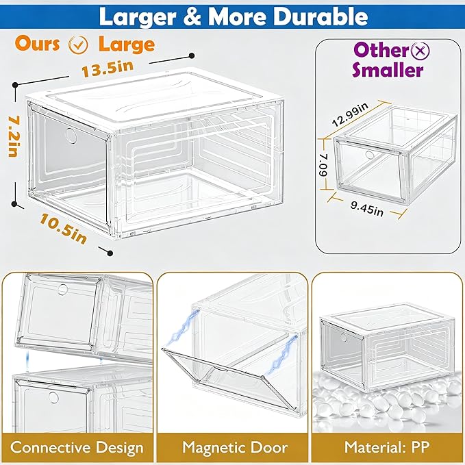Thickened Clear Shoe Storage Organizer with Magnetic Door, Sturdy Stackable Shoe Boxes for Closet, Collapsible Space-Saving Shoe Rack for Sneakers & Boots, Plastic Shoe Cabinet Box Set, 6 Pack, White