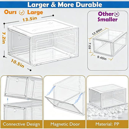 Thickened Clear Shoe Storage Organizer with Magnetic Door, Sturdy Stackable Shoe Boxes for Closet, Collapsible Space-Saving Shoe Rack for Sneakers & Boots, Plastic Shoe Cabinet Box Set, 6 Pack, White
