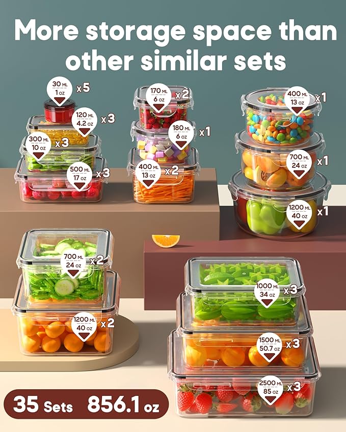 70 PCS Food Storage Containers with Lids Airtight, (35 Lids & 35 Containers) Leak proof Containers Set for Kitchen, Meal Prep, BPA-Free, PVC-Free Plastic, Microwave/Dishwasher Safe, Extra Labels & Pen - Image 2