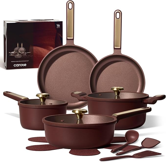 CAROTE Pots and Pans Set Nonstick, 16pcs Cookware Set Nonstick Non-Toxic & PFOA&PFOS-Free, Dishwasher, RV/Camping Cookware Set, Cooking Pots with Lids,Wine Red by CAROTE