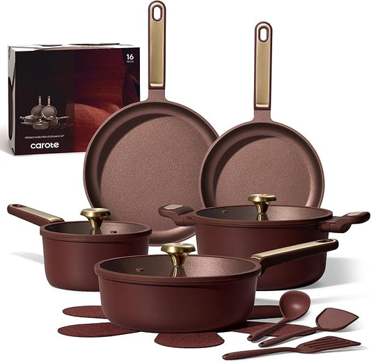 CAROTE Pots and Pans Set Nonstick, 16pcs Cookware Set Nonstick Non-Toxic & PFOA&PFOS-Free, Dishwasher, RV/Camping Cookware Set, Cooking Pots with Lids,Wine Red by CAROTE