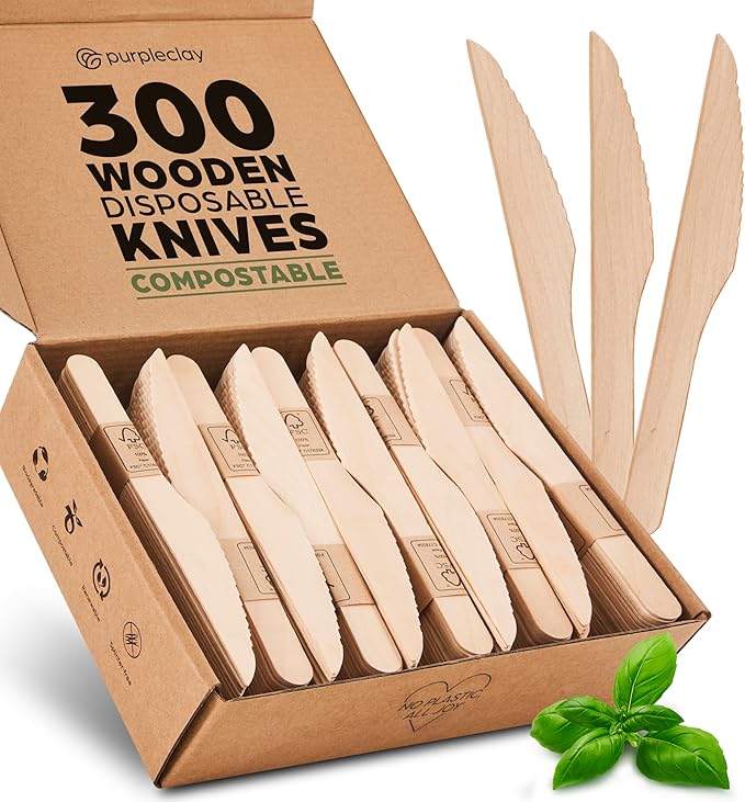 PURPLECLAY Wooden Knives Disposable – 300 Piece Wood Compostable Knives, Eco-Friendly Biodegradable Cutlery Set, Charcuterie Accessories Disposable, Wooden Knife for Parties, Plastic-Free Utensils by Purpleclay