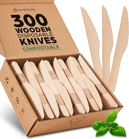 PURPLECLAY Wooden Knives Disposable – 300 Piece Wood Compostable Knives, Eco-Friendly Biodegradable Cutlery Set, Charcuterie Accessories Disposable, Wooden Knife for Parties, Plastic-Free Utensils by Purpleclay