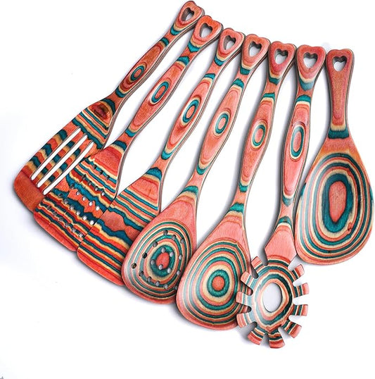 Gudamaye Pakkawood 7-Piece Wooden Cooking Utensils, Wooden Spoons for cooking, Wooden Utensil set, Pinkish-Orange Pakkawood Cooking Spoons, Non-Stick Spoon, Pakkawood kitchen utensils by Gudamaye-WoodenUtensilsSets