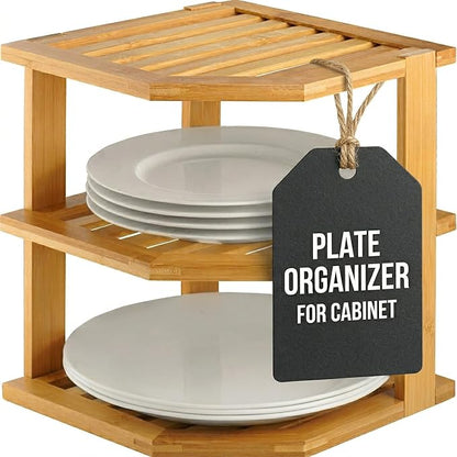 Plate Organizer for Cabinet - 3 Tier Bamboo Corner Shelf Cabinet Organizer for Plates, Bowls, Mugs and Pantry Storage, Space Saving Countertop and Cabinet Corner Shelf, 10 x 10 x 9.5 Inch, Bambusi by Bamb%C3%BCsi