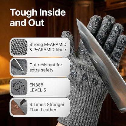 Oven Gloves with Fingers - 932°F Extreme Heat Proof and Cut Resistant Mitts for Kitchen, BBQ, Grill, Baking, Fire Pit - EN407 Certified with Non-Slip Silicone Grip and Cotton Lined for Comfort - Image 2
